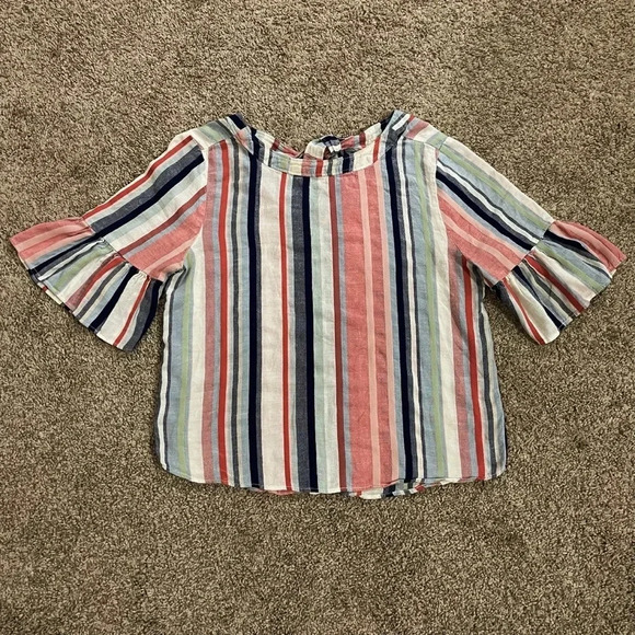 Susina Rainbow Striped Ruffle Sleeve Tie Boho Linen Shirt - Picture 1 of 9